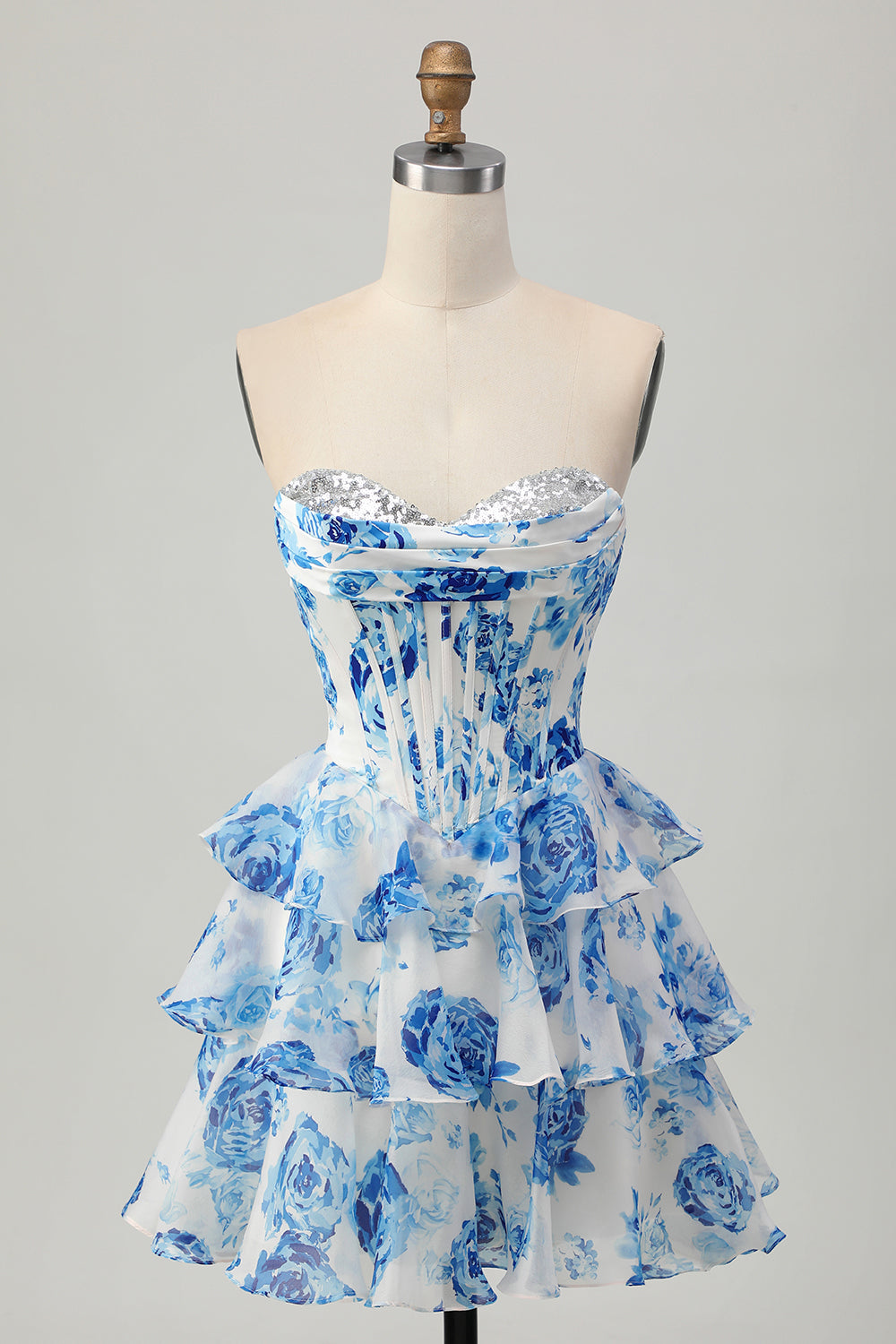 Pink Floral A-Line Strapless Corset Homecoming Dress with Sequins