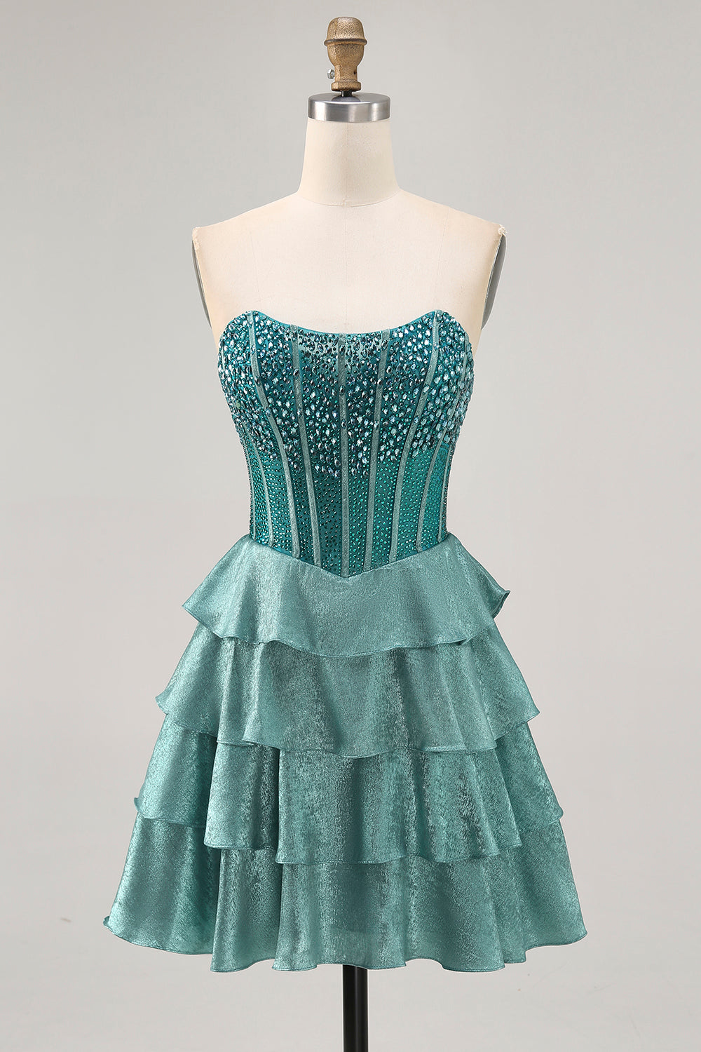 Peacock Green A-Line Corset Tiered Strapless Homecoming Dress