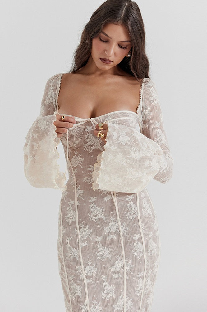 Bodycon Lace Flare Sleeve Maxi Dress