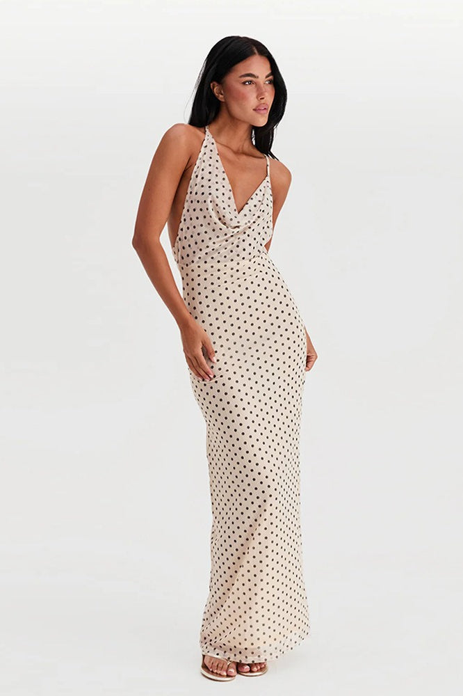 Polka Dot Halter Neck Sleeveless Maxi Dress