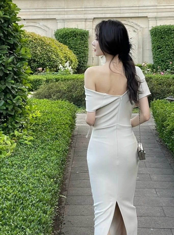 Asymmetric stretch pleated dress Women Evening dress fashion party dress fg6850