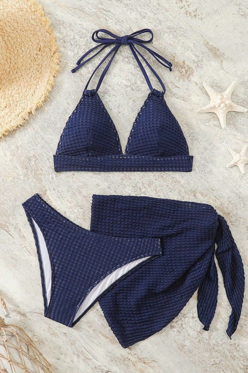 Solid Backless Bikini Three Piece Swim Set