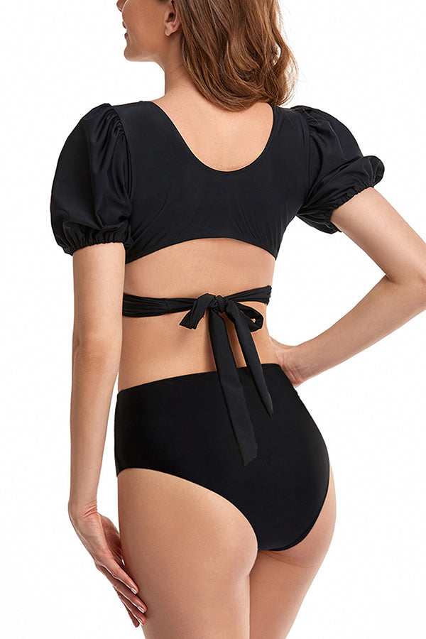 Solid Color V-neck Crisscross Tie High-waisted Two-piece Stretch Bikini Swimsuit