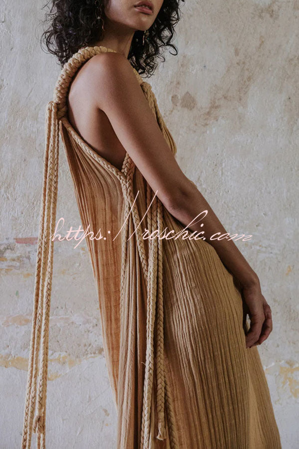 Khloe Linen Blend One Shoulder Draped Braids Cover Up Maxi Dress