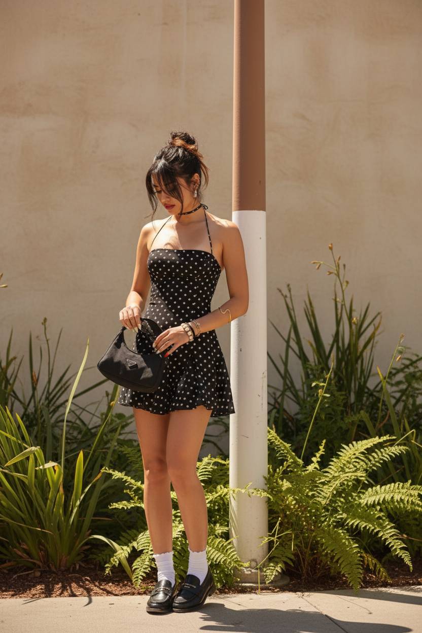 Polka Dot Halter Neck Backless Bodycon Mini Dress