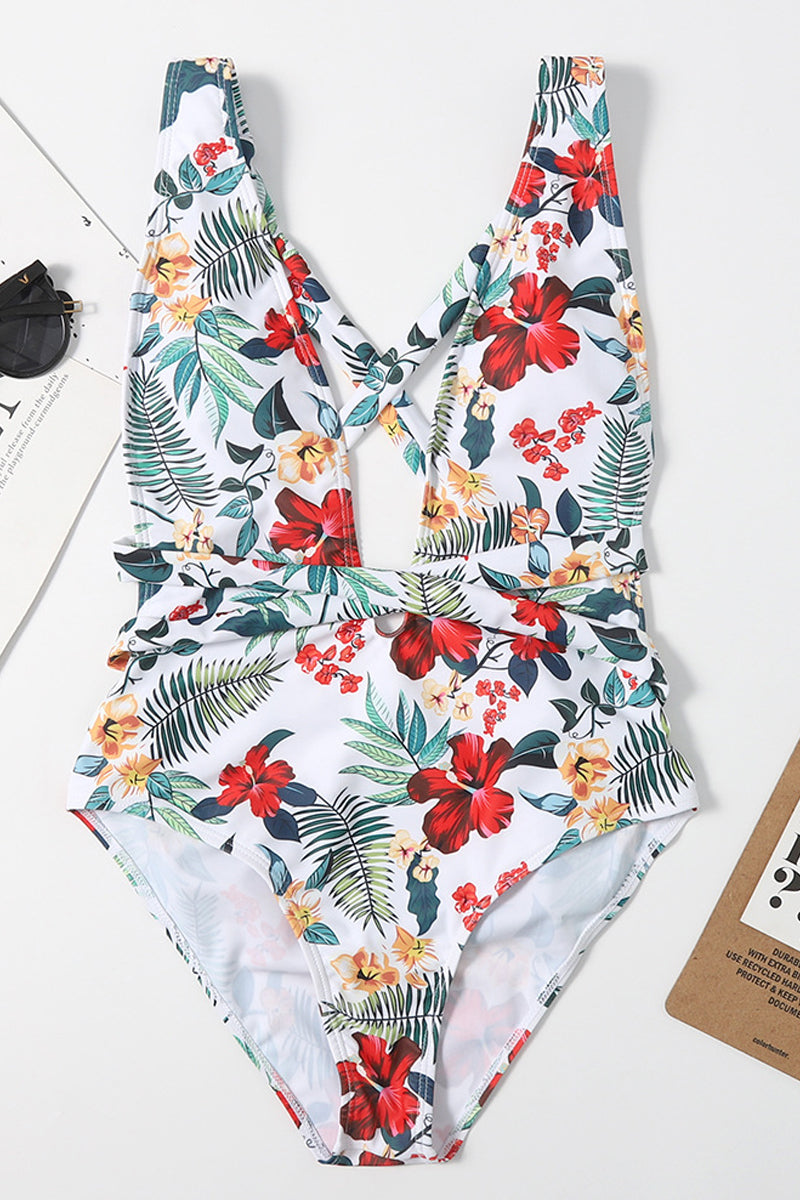 Low Back Deep V Neck Floral Halter One pieces Swimsuit