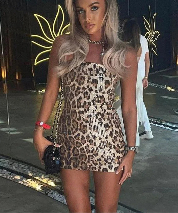 Leopard Sequin Skinny Club Mini Dress