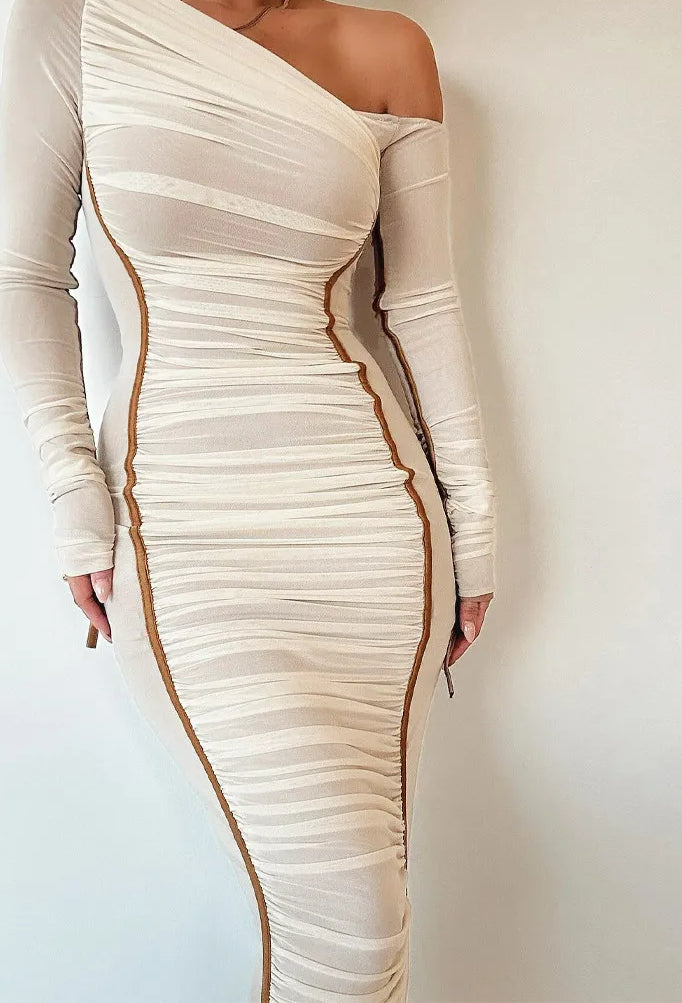 Diagonal Collar Draped Mesh Maxi Dress