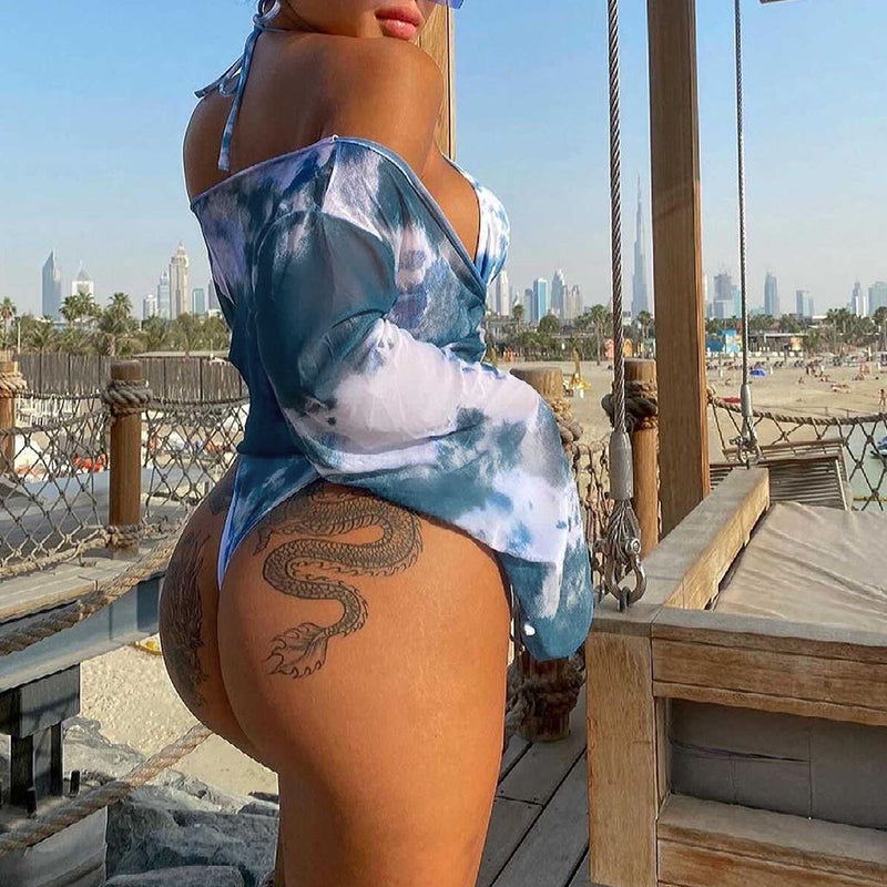 Long Sleeve Tie Dye Bikini Mesh Skirt Swimsuit Women String High Cut Swimwear Triangle Micro Bathing Suit Swimming