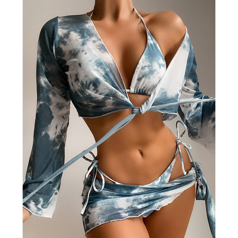 Long Sleeve Tie Dye Bikini Mesh Skirt Swimsuit Women String High Cut Swimwear Triangle Micro Bathing Suit Swimming