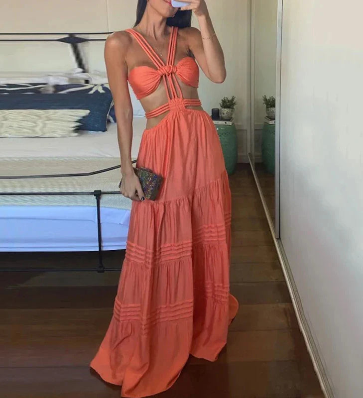 Pleated Strap Lace-up Maxi Dress