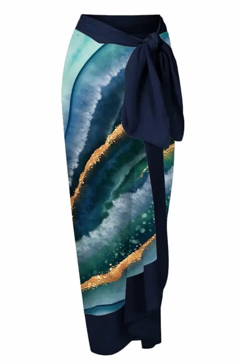 Marble Print Tied Detail One Piece Swimsuit With Cover Up