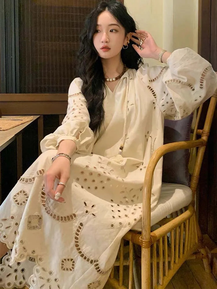 2024 Korean Style Vintage Long Sleeve V-Neck Boho Hollow Out Maxi Dress
