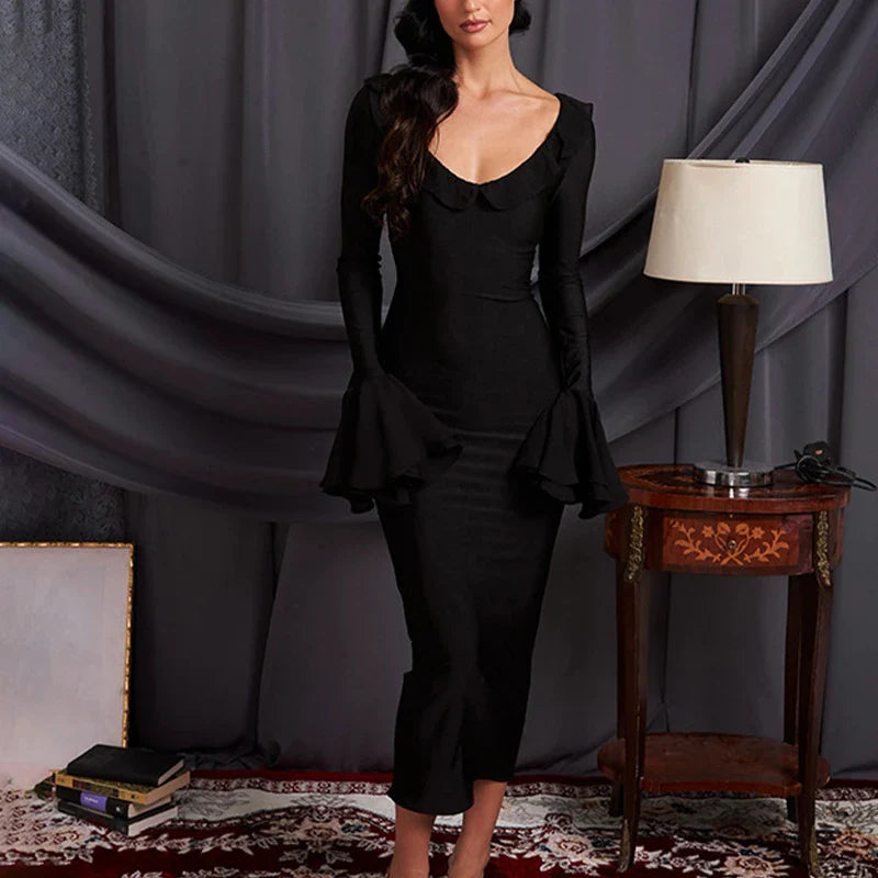 2024 Elegant Solid Color O Neck Flare Sleeve Lace-up Ruffles Maxi Dress