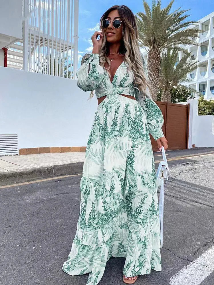 2024 Elegant V-Neck Print Long Sleeve Maxi Dress