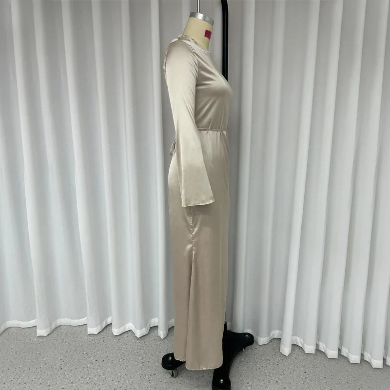 2024 Autumn Fashion Slim Flare Sleeve Lace Up Maxi Dress