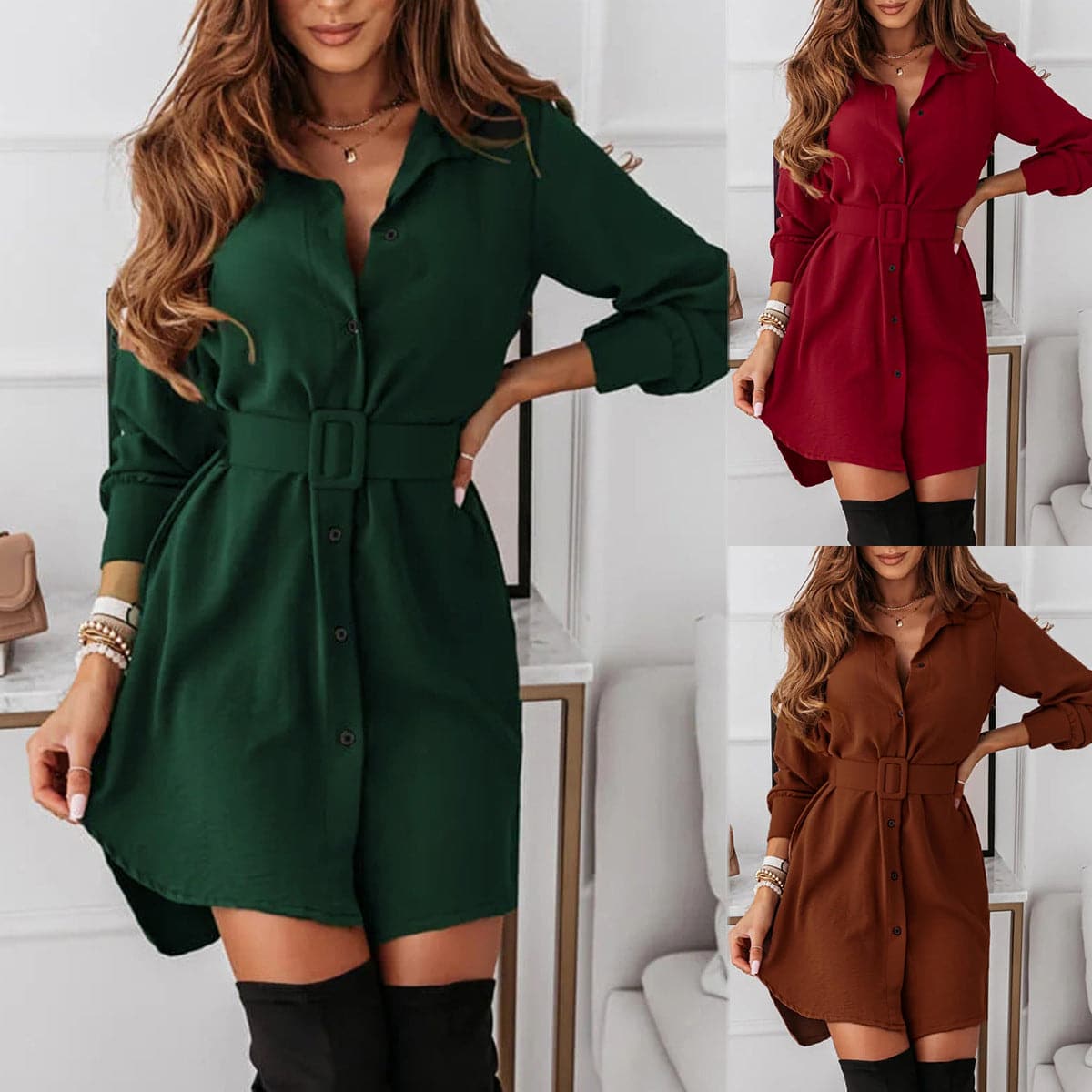 Women Fashion Solid Turn Down Collar Shirt Mini Dress