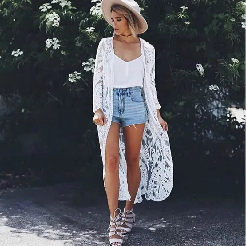 White Lace Kimono Boho Bikini Cover up