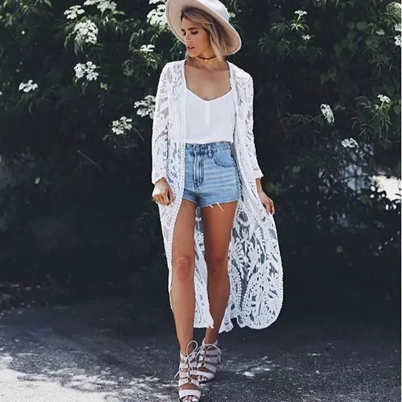 White Lace Kimono Boho Bikini Cover up - Fashionpara