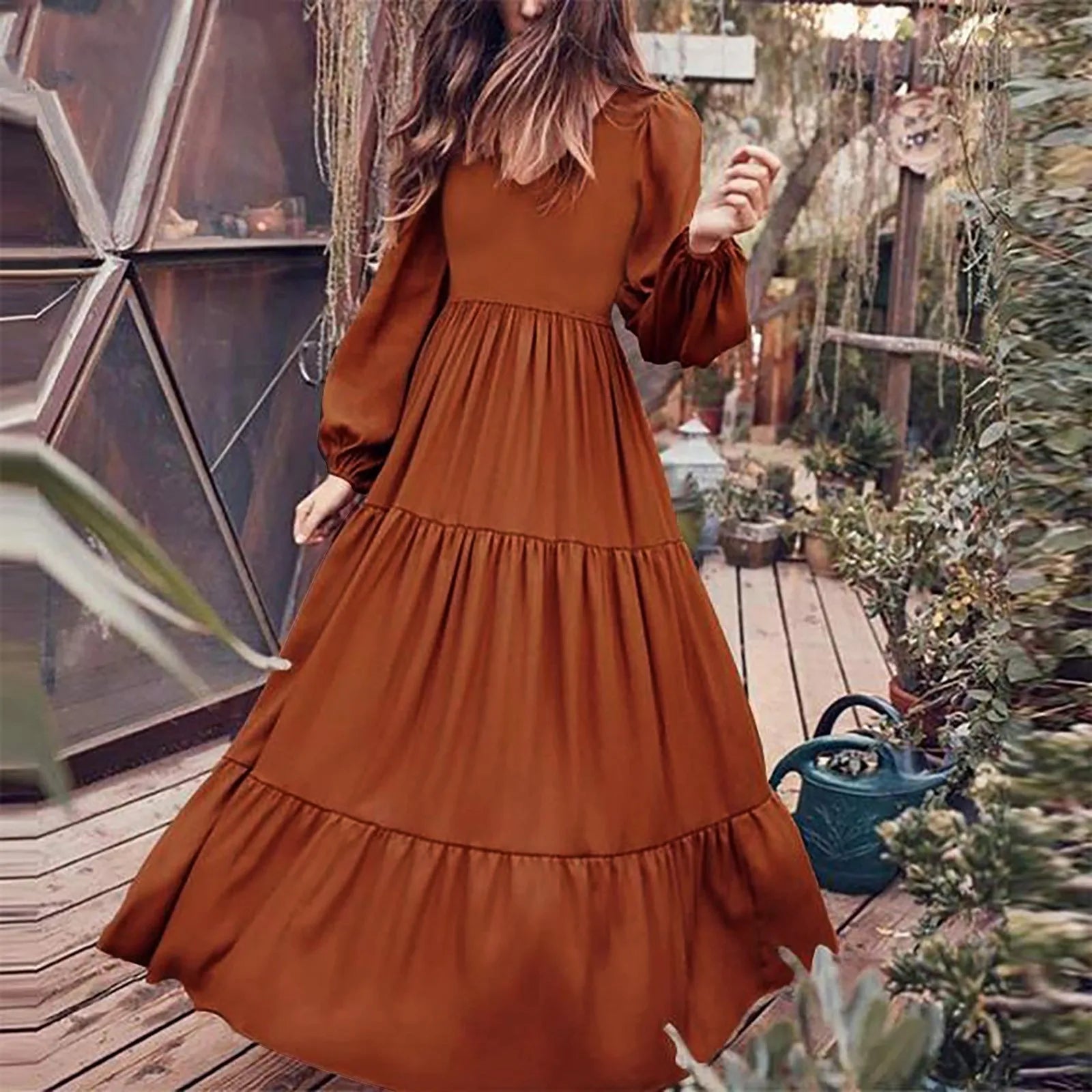 2024 Plus Size Solid Color V-Neck A-Line Boho Maxi Dress