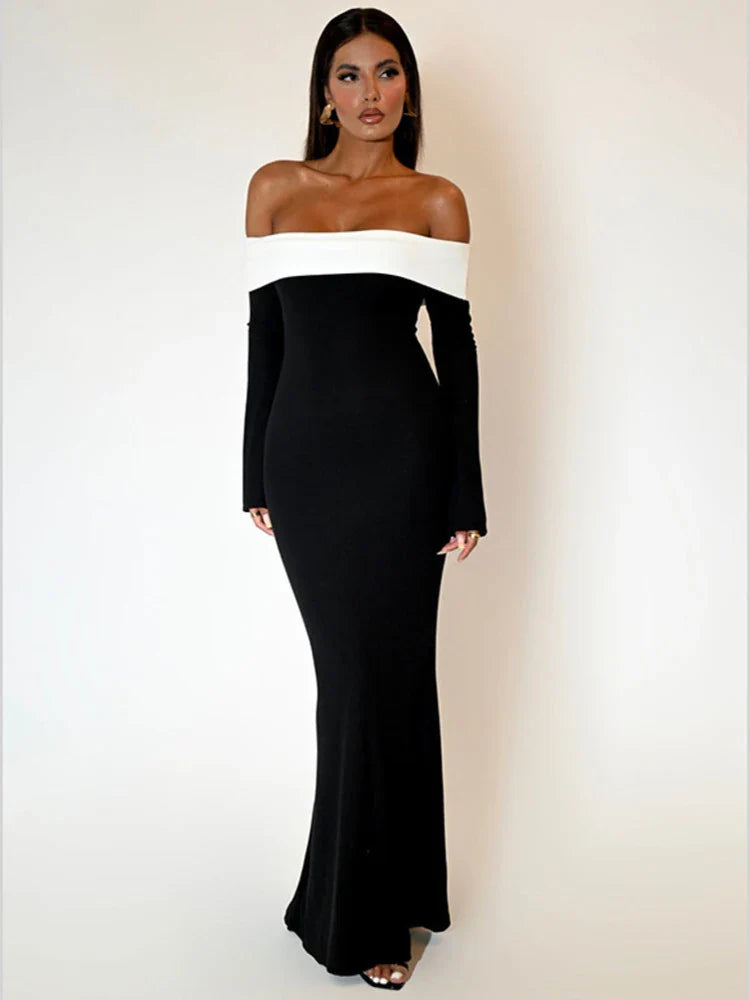 2024 Contrast Color Off-shoulder Backless Maxi Dress