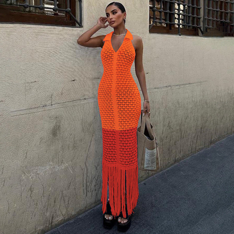 Summer Sexy Hollow Out Cutout out See through Maxi Dress Polo Collar Dress Women Clothing