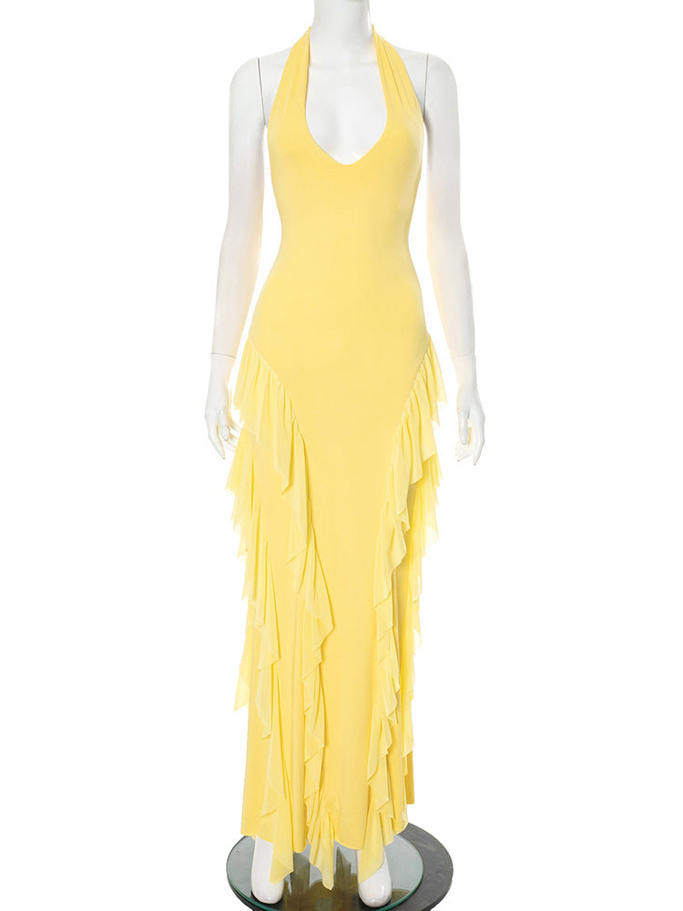 Women Clothing Sleeveless Backless Halter Lace up Bilateral Ruffled Maxi Dress