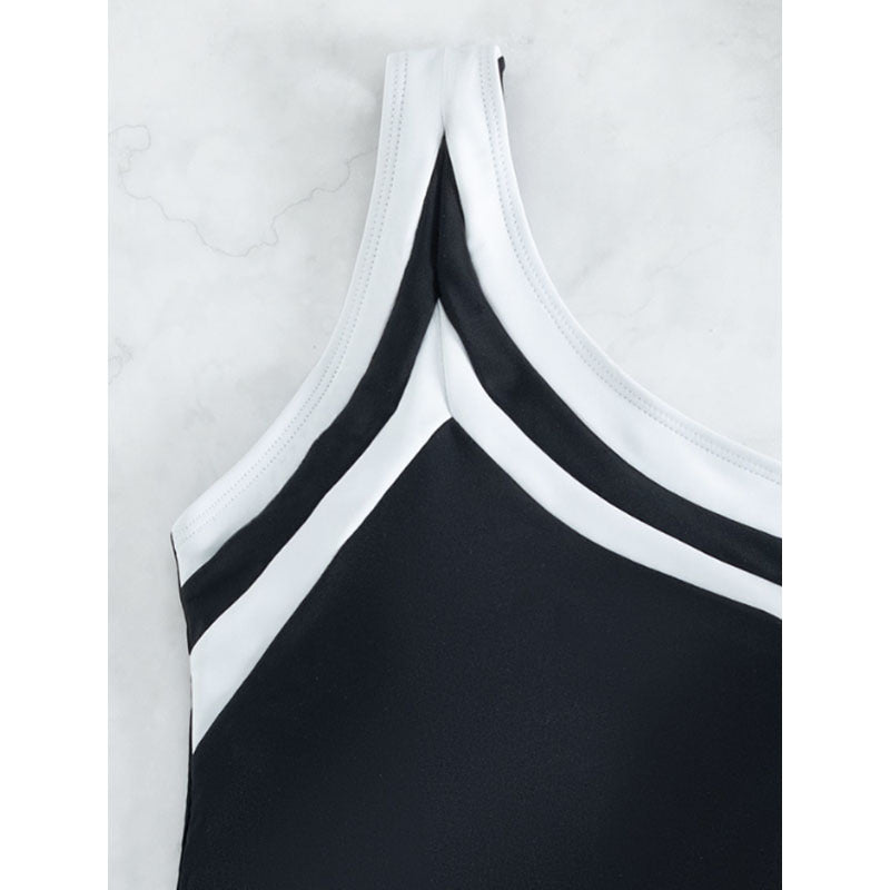 One Shoulder Color Block Jumpsuit Women Cover Belly Conservative Bikini Beach Spring Swimsuit