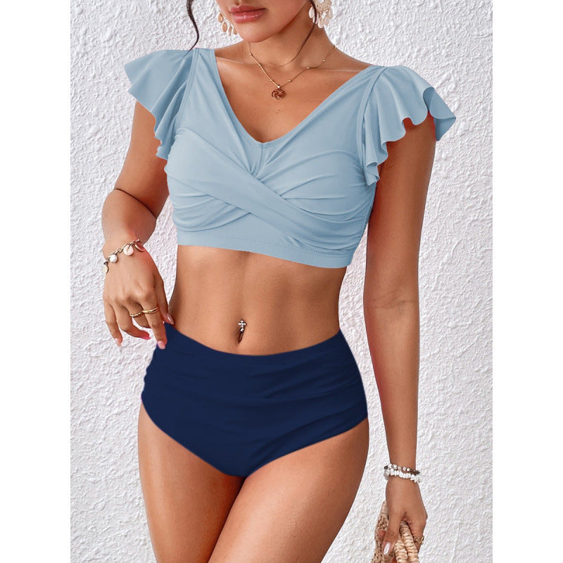 Split Swimsuit Slim Fit V Collar Contrast Color Ruffled Stitching Women Swimsuit Bikini
