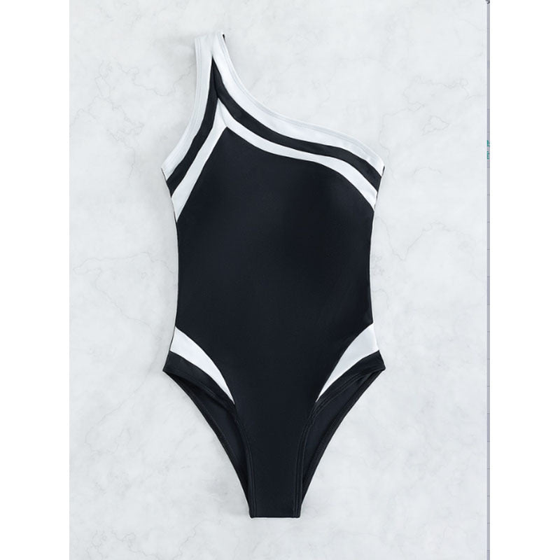 One Shoulder Color Block Jumpsuit Women Cover Belly Conservative Bikini Beach Spring Swimsuit