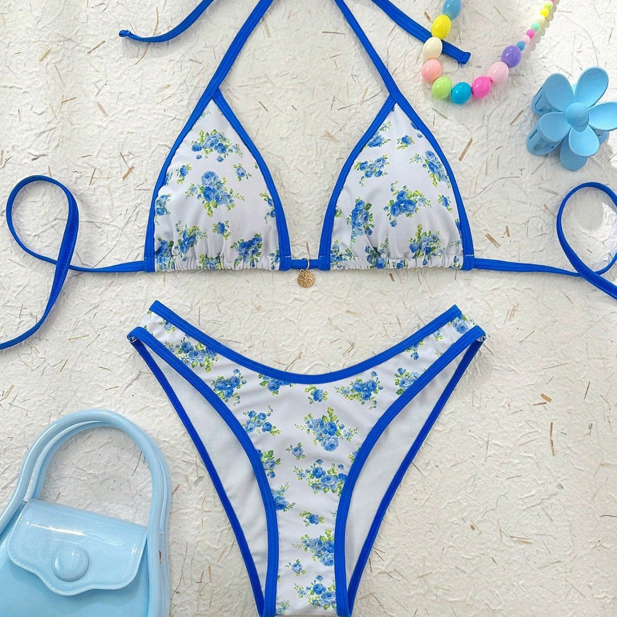 Floral Print Bikini Lace up Halterneck Bikini Women Shell Fresh Split Swimsuit