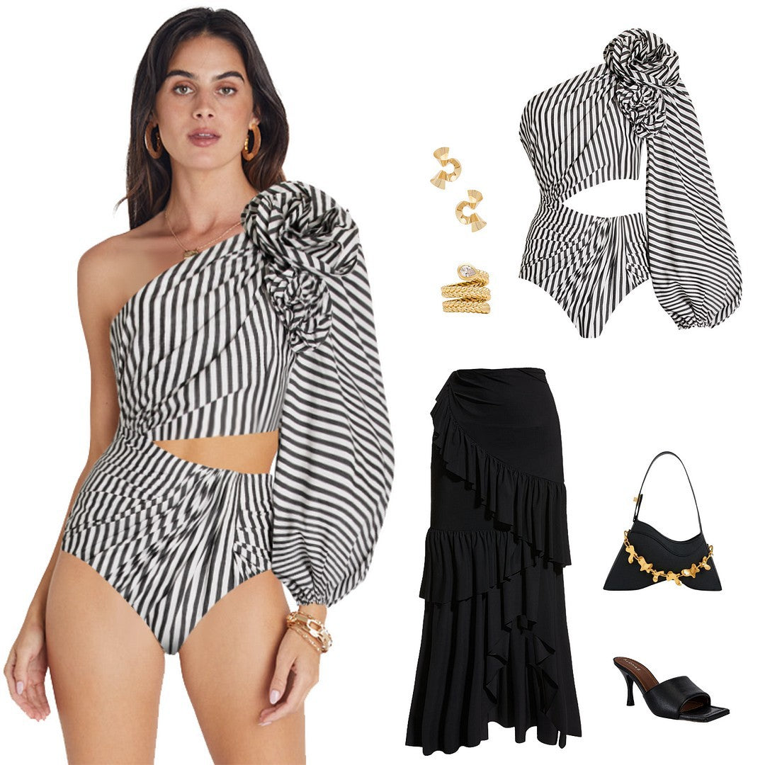 Sexy One Piece Swimsuit Women Pleated Ruffled Striped Swimsuit Bikini Mesh Maxi Dress