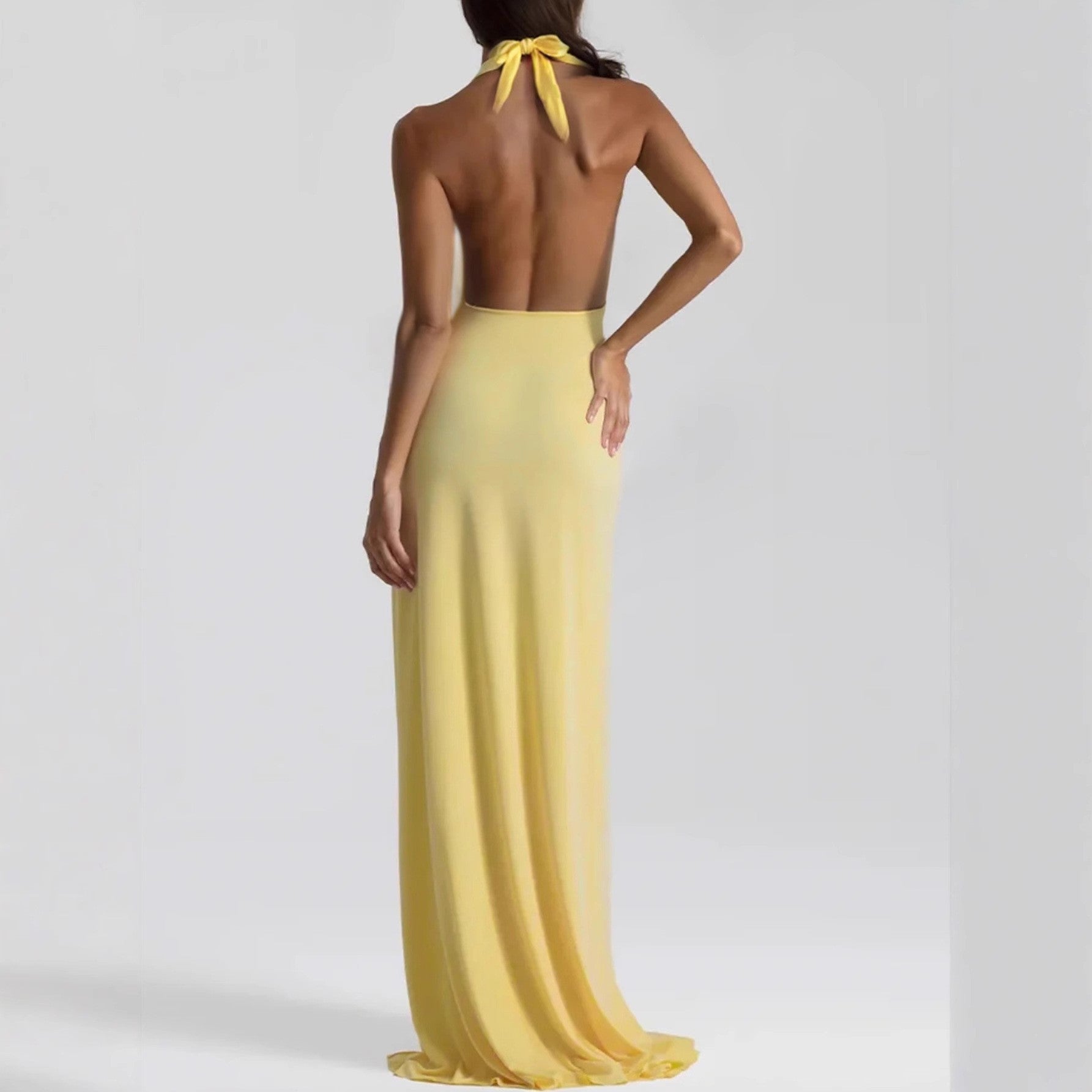 Women Deep V Plunge neck Lace up Backless Sexy Streamers Dress Sexy Maxi Dress