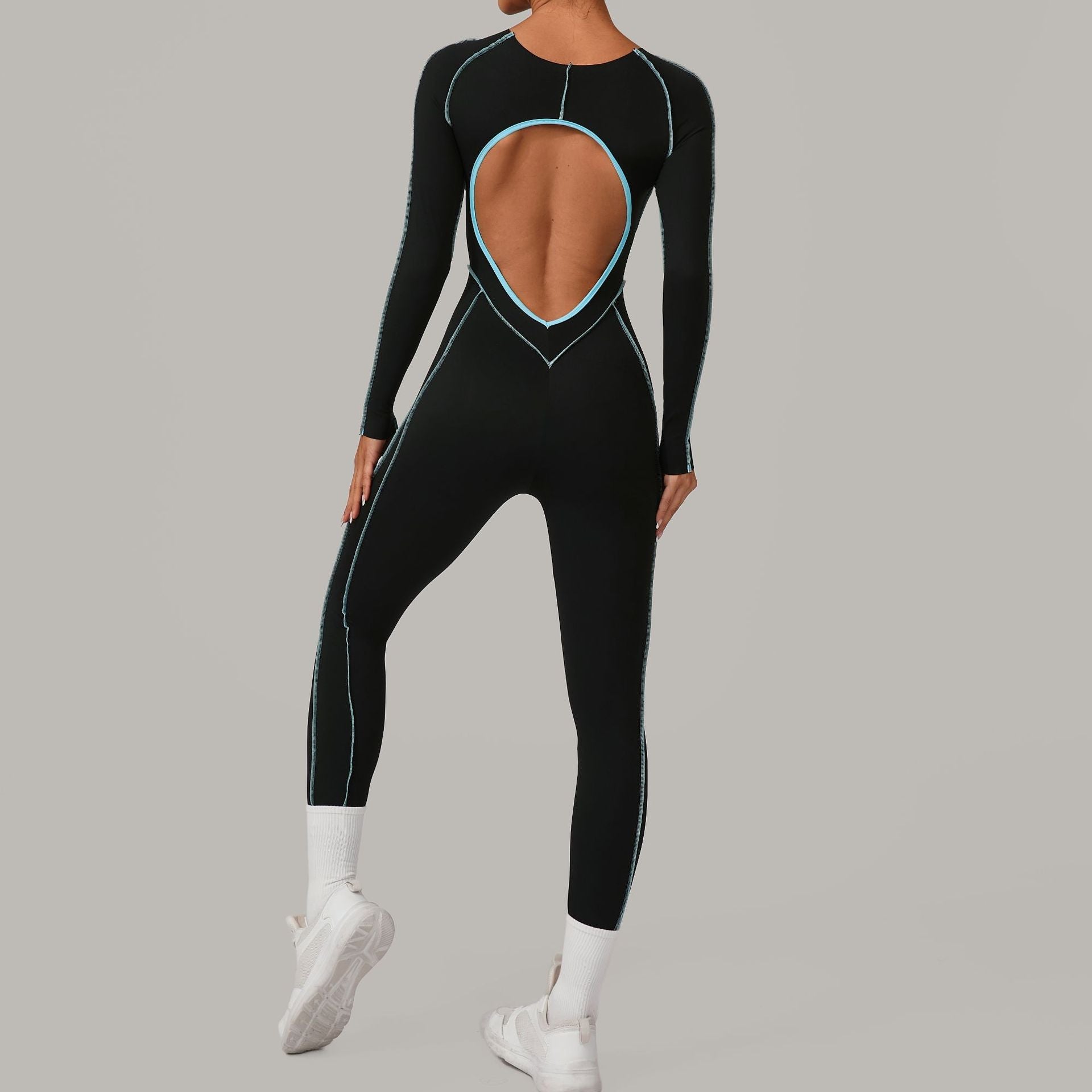 Three Dimensional Cut Color Matching Long Sleeve Yoga Jumpsuit High Strength Fitness Sports One Piece Tights