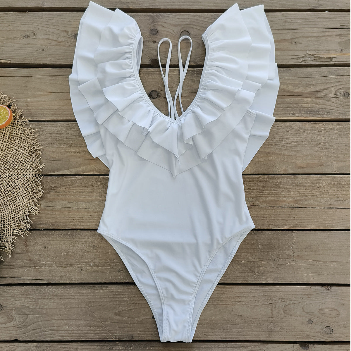 Solid Color Double Layer Ruffled Deep V Plunge Spaghetti Straps One Piece Swimsuit Women Swimsuit