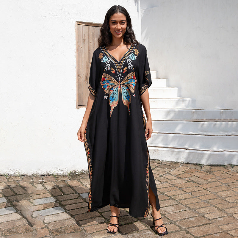 Rayon Embroidered Vacation Loose Beach Maxi Dress Women Beach Cover Up Sun Protective Clothing