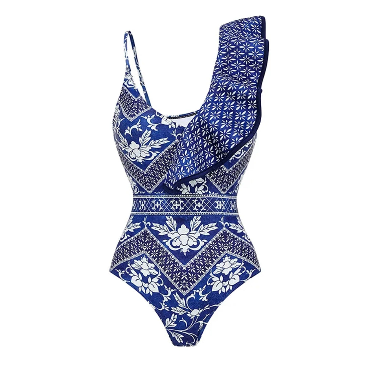 One Shoulder Ruffled One Piece Swimsuit Women Sexy Backless Print Swimwear Swimsuit
