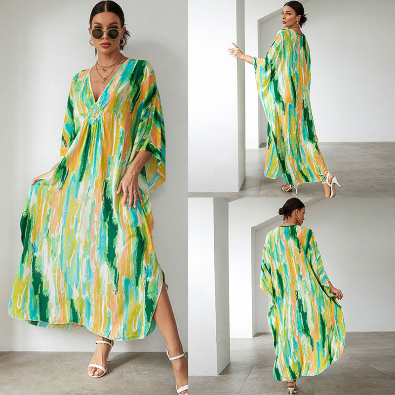 Rayon Print Holiday Loose Robe Beach Jacket Maxi Dress Bikini Cover
