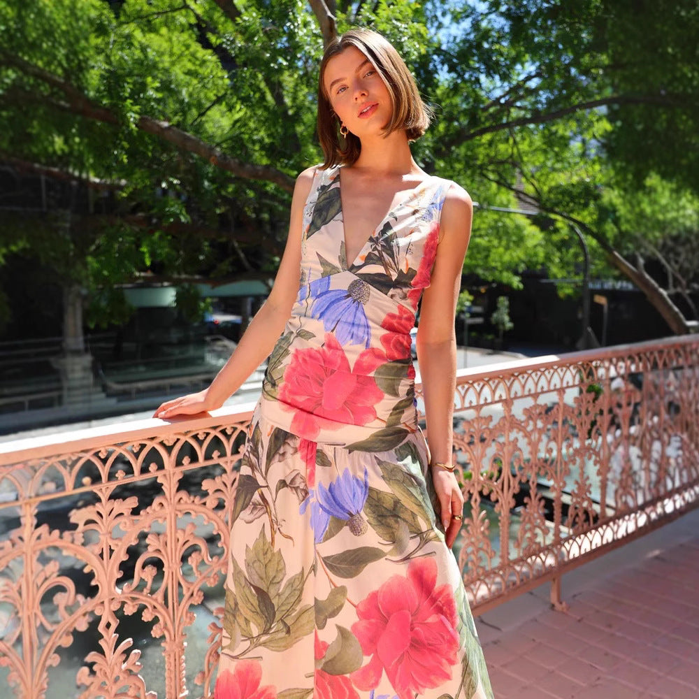 Spring Summer Maxi Dress Internet Celebrity Same Printed Waist Controlled V neck Swing Dress