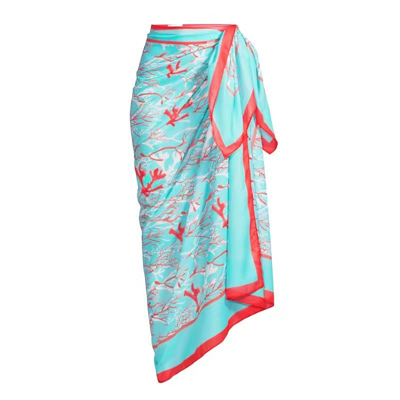 Bikini Halter Sexy Print Gauze Skirt Split Swimsuit Three Piece Set