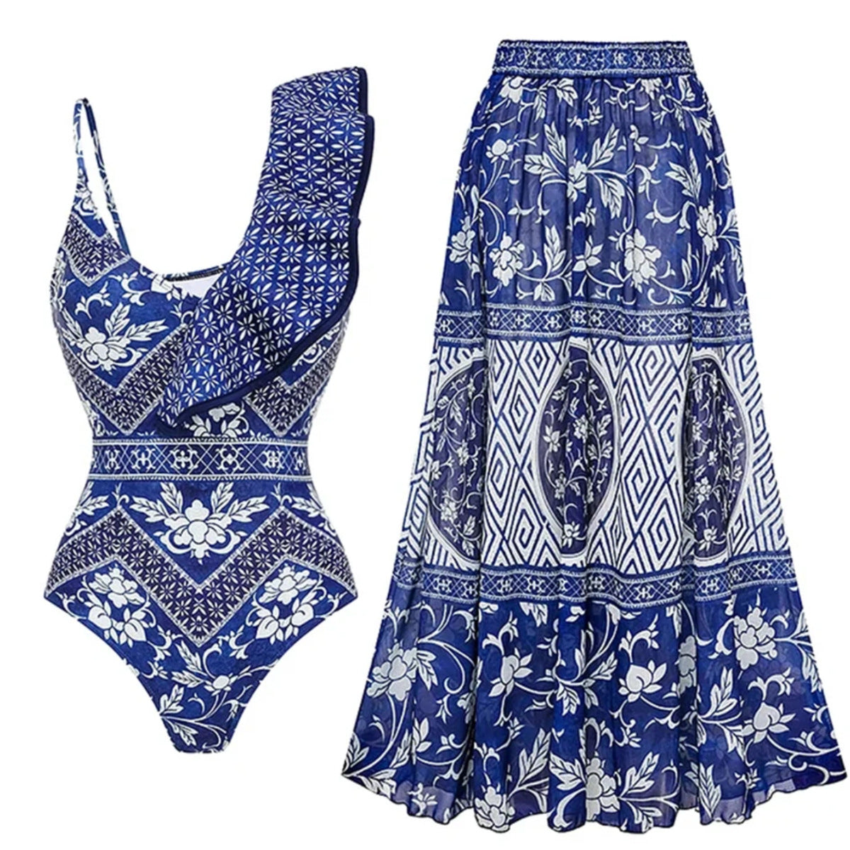 One Shoulder Ruffled One Piece Swimsuit Women Sexy Backless Print Swimwear Swimsuit