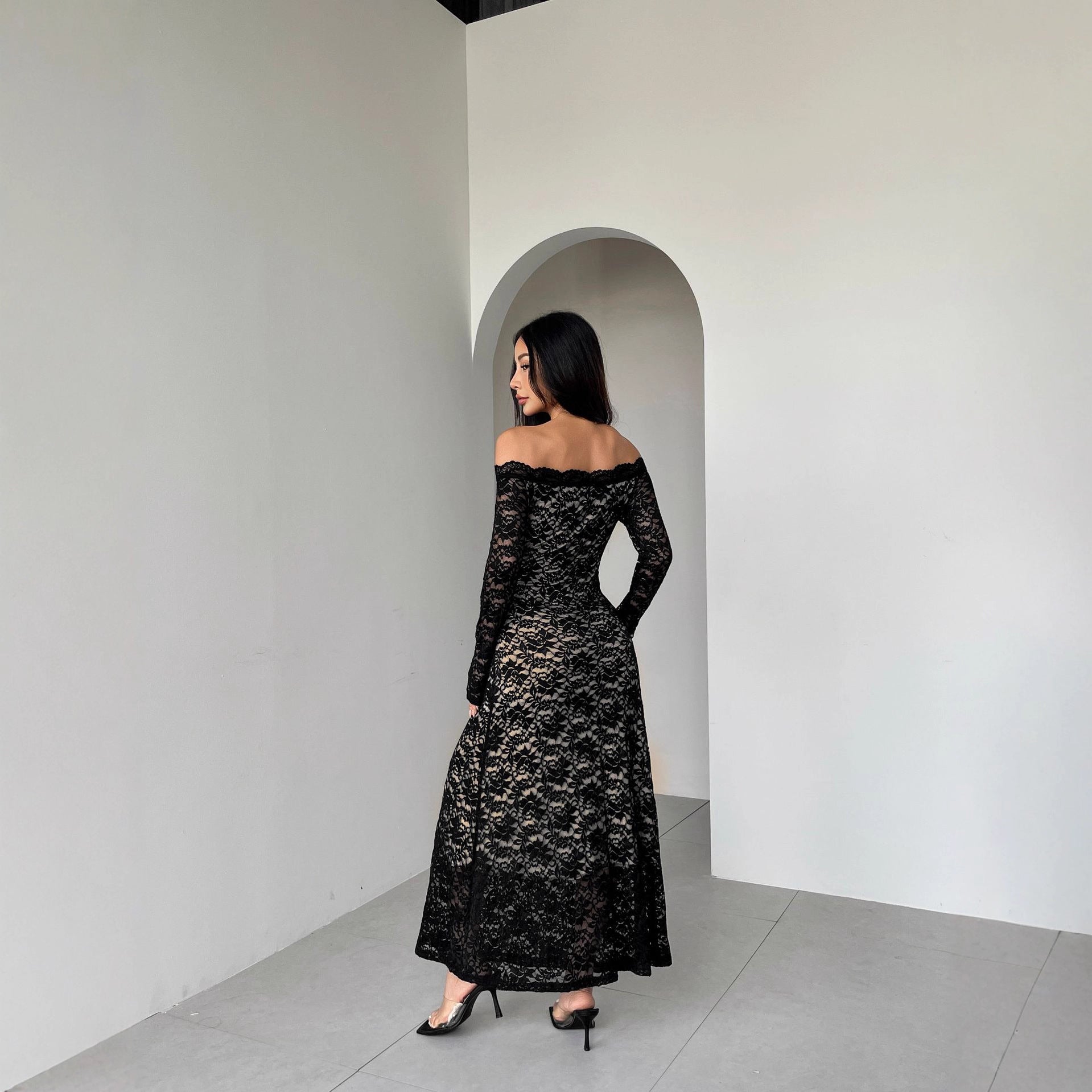 Autumn Winter Long Sleeve Lace off Neck Slim Slimming Maxi Dress Women