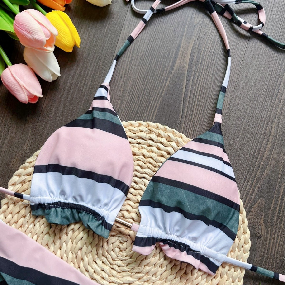 Printed Split Bikini Swimsuit Sexy Braid Rope Triangle Women Swimsuit Swimming Set