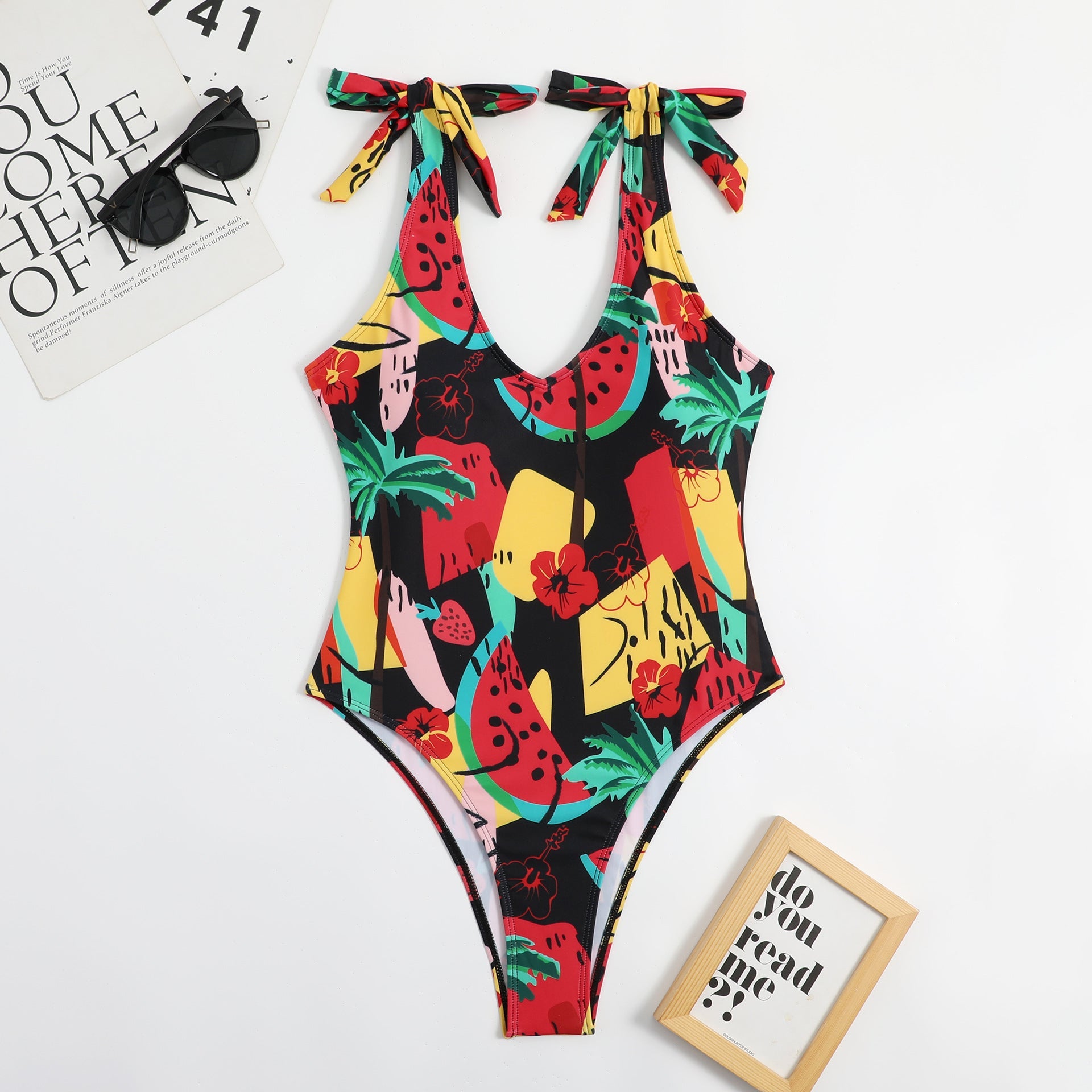 Multi Color Printed Heart Collar Bow Ladies Triangle One Piece Beauty Back Sexy Swimsuit Bikini