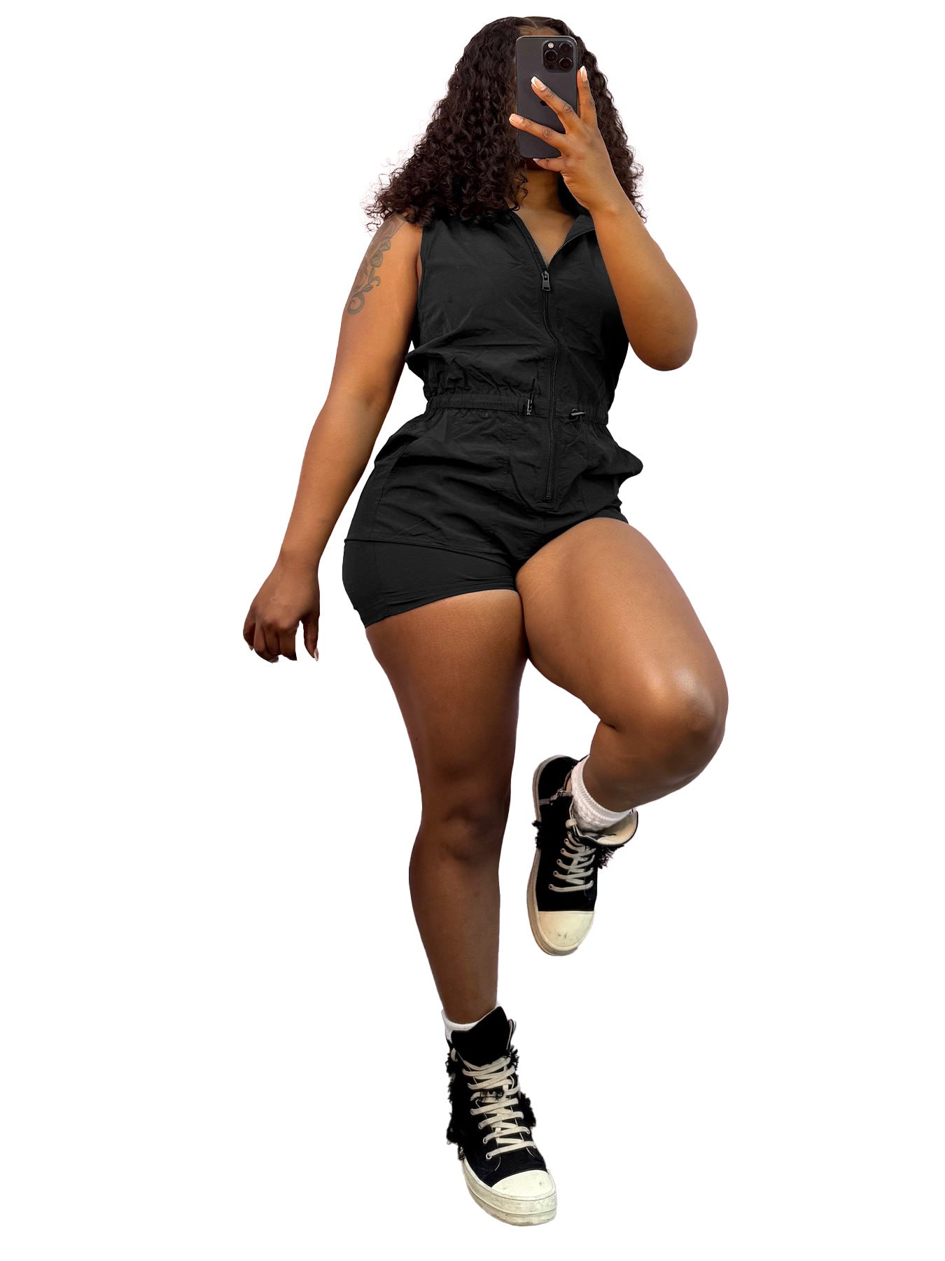 Casual Women Zipper Sleeveless One Piece Drawstring Pocket Shorts Design Jumpsuit