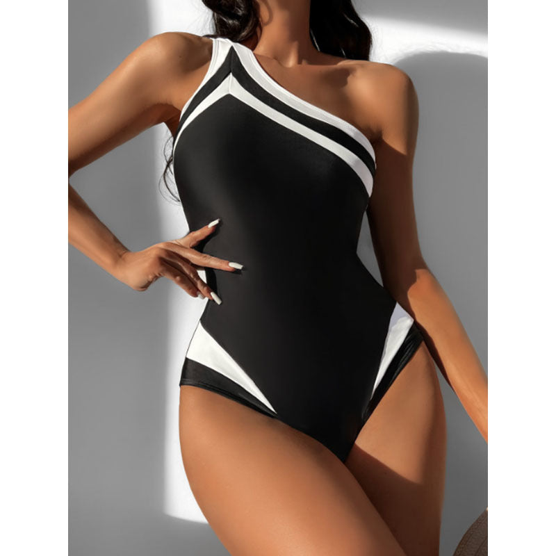 One Shoulder Color Block Jumpsuit Women Cover Belly Conservative Bikini Beach Spring Swimsuit