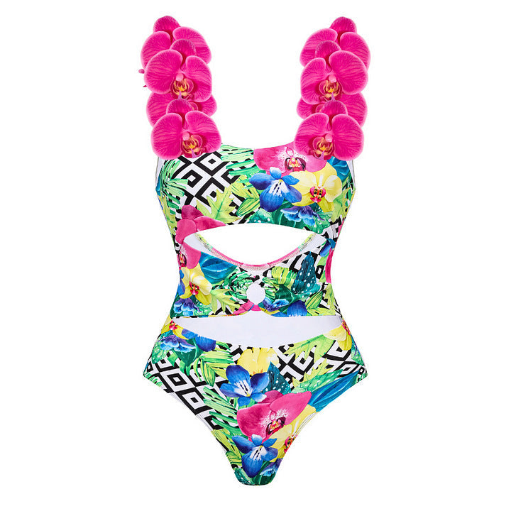 Floral Shoulder Strap Hollow Out Cutout Print One Piece Swimsuit Women Holiday