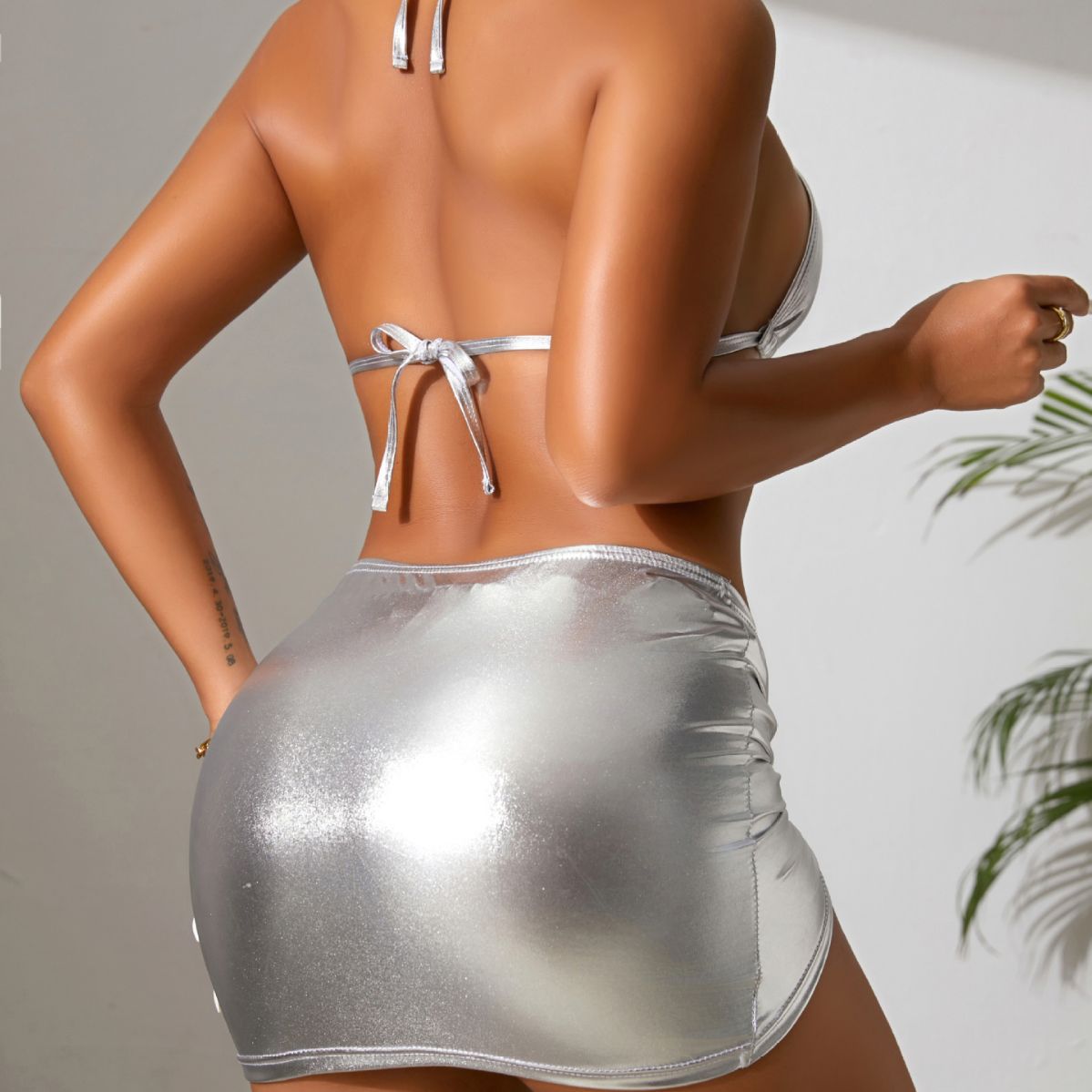 Sexy Sling Sheath Lace Up Swimsuit Women Bronzing Bikini Three Piece Swimsuit