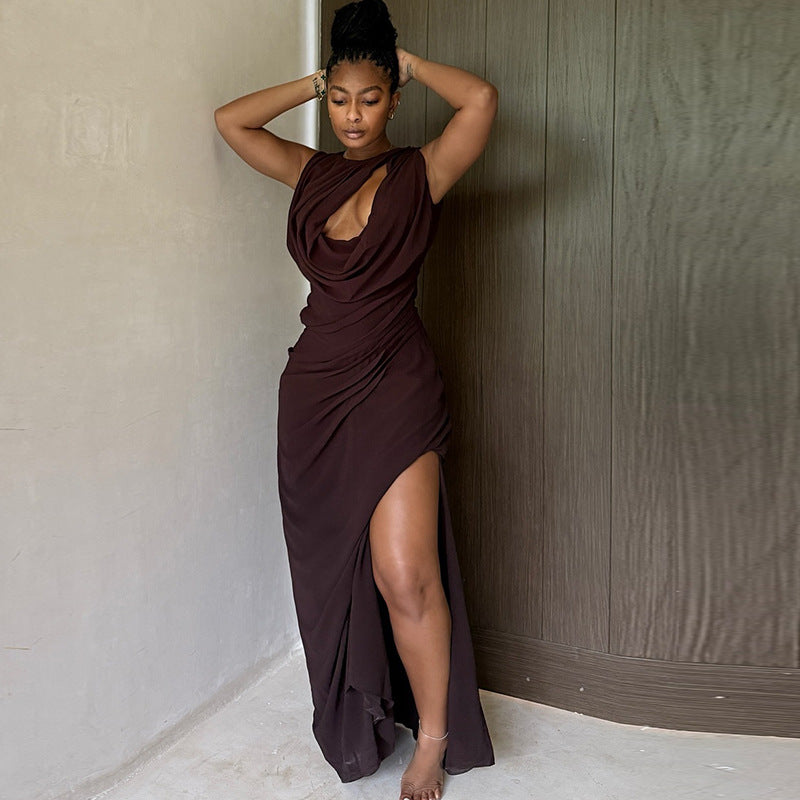 Personalized Pleated Hollow Out Cutout Solid Color Tight Crew Neck Split Maxi Dress Loose Elegant Women Clothing