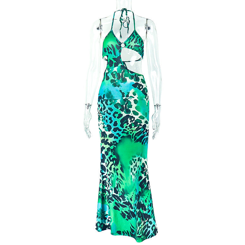 Women Printed Wear Hollow Out Cutout Slim Hip Lace up Backless Casual Elegant Maxi Dress